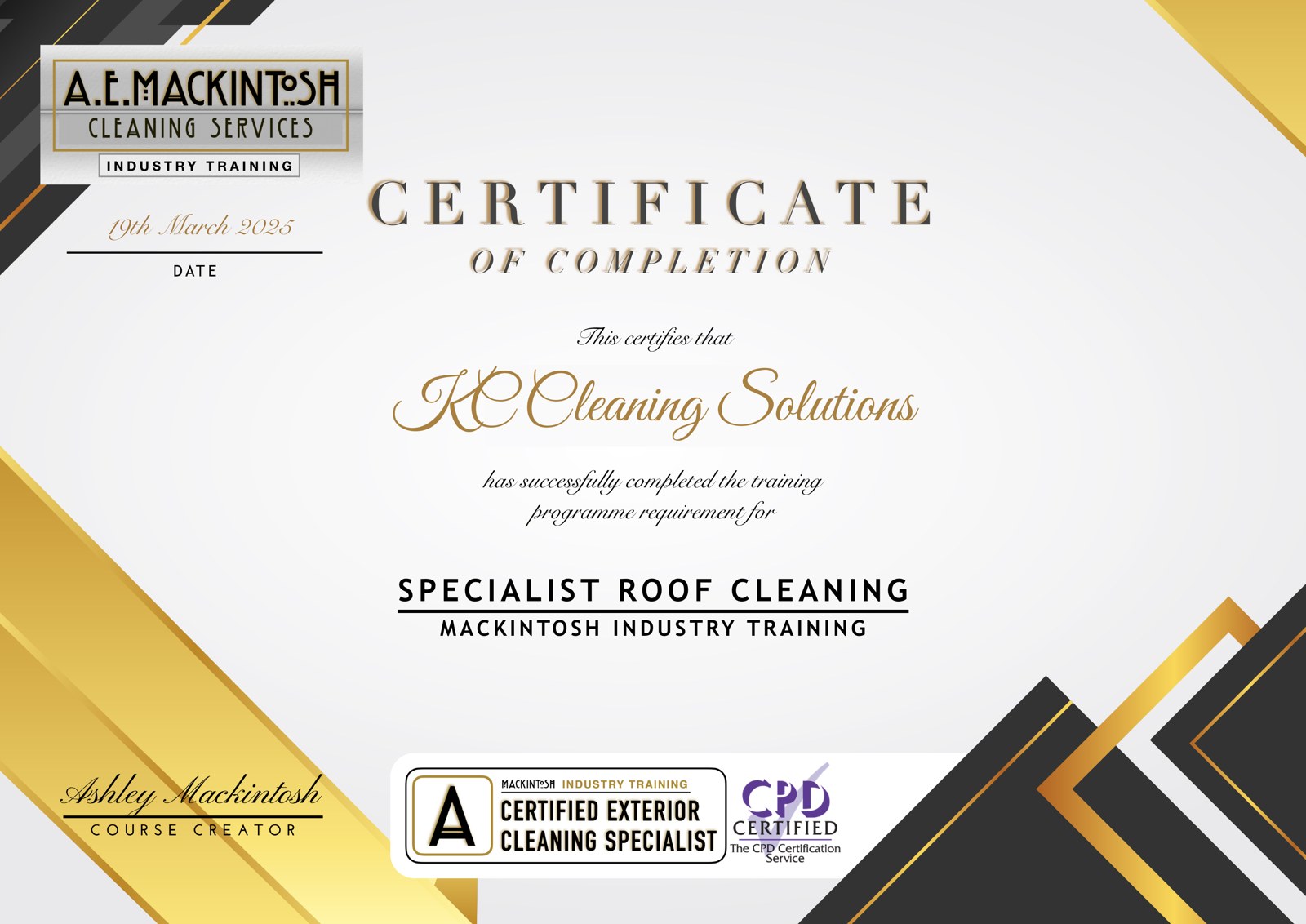KC Cleaning Solutions Specialist Roof Cleaning certificate of completion